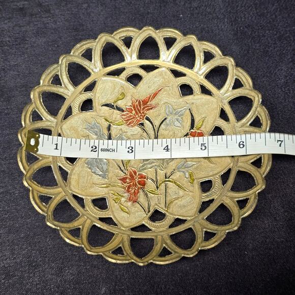 Vintage Solid Brass Floral Scalloped & Etched Change Bowl Tray - Picture 8 of 10